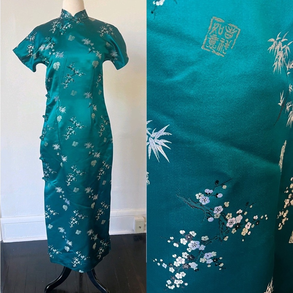 Vintage Cheongsam Forest Green Satin Maxi Dress 1960’s Oriental Satin Dress